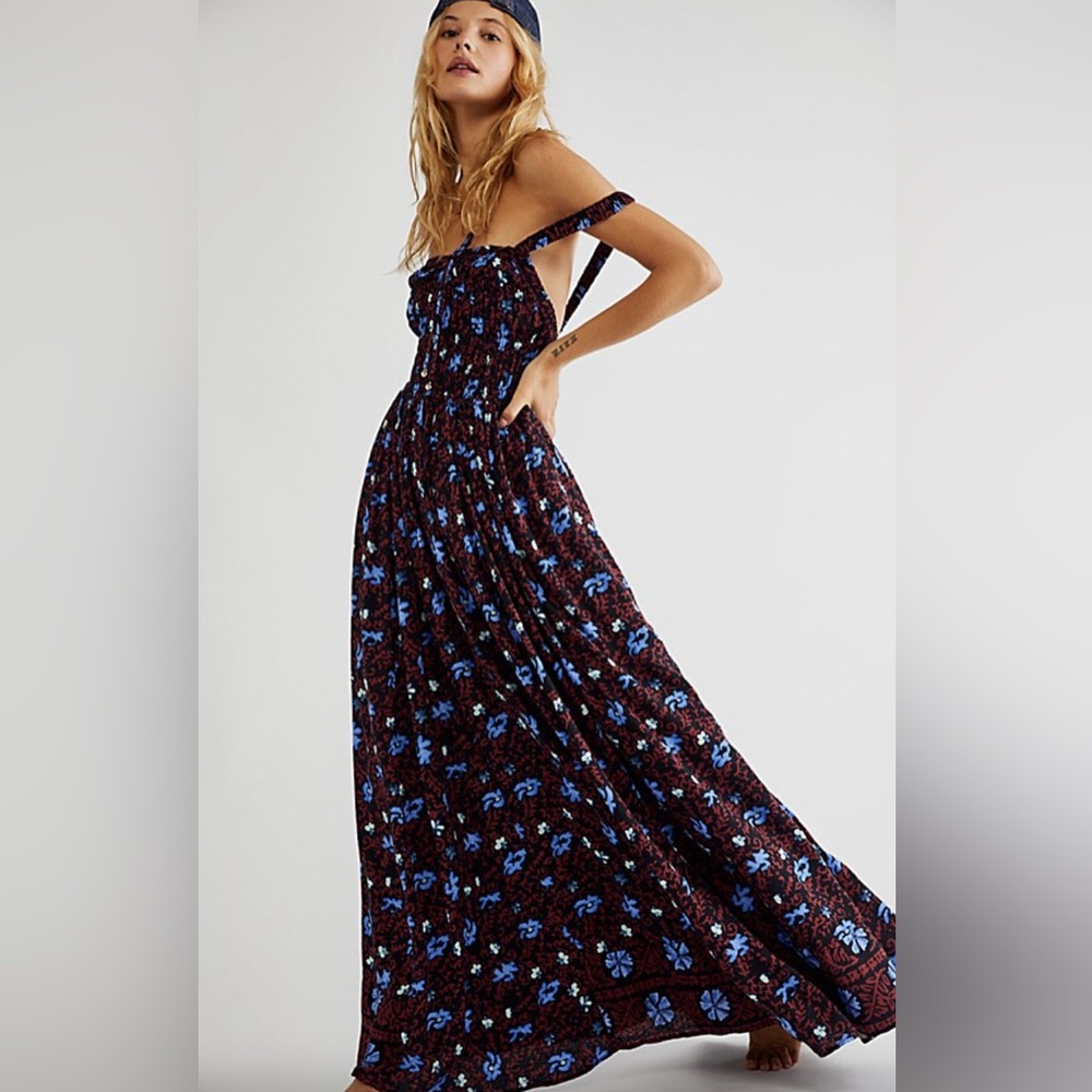 Free People Dress in Black and Blue Floral NWOT